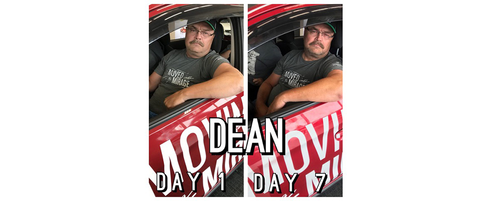 Dean Longworth poses on day one and day seven of the "Moving into a Mirage" contest.