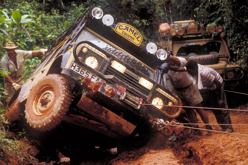 Land Rover Defender in action in the jungle during the Camel Trophy