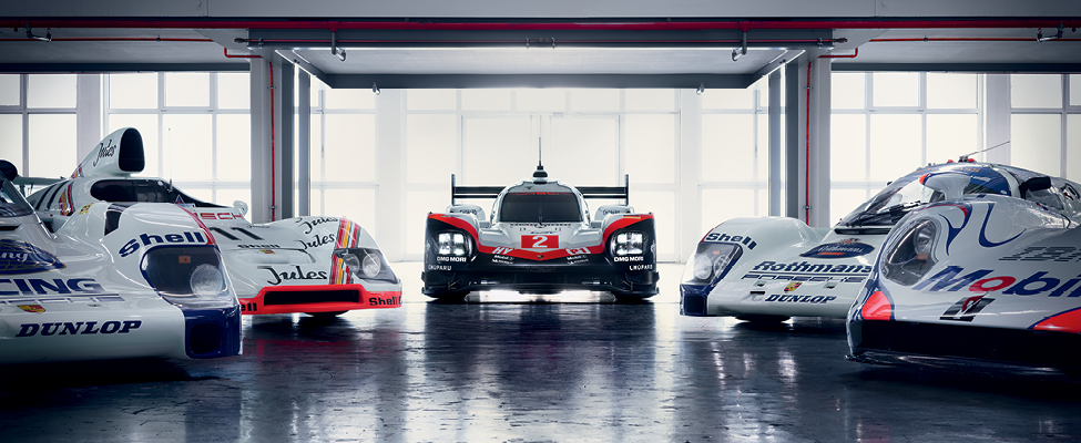 Porsche race cars on display