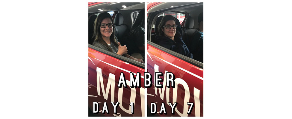 Amber Burton poses on day one and day seven of the "Moving into a Mirage" contest.